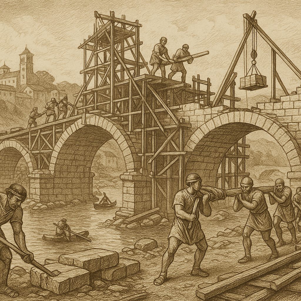 Illustration de Construction d'un pont antique sur le Lot à Espalion
